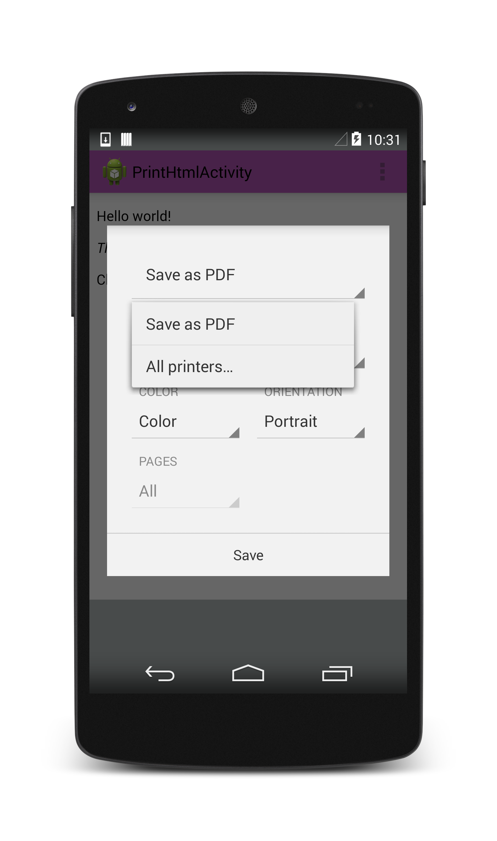 Screenshot of PrintHtmlActivity displaying the Save as PDF menu
