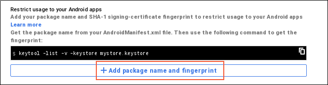 Clicking Add package name and fingerprint