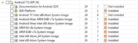 Selecting Android 7.0 packages in the Android SDK Manager