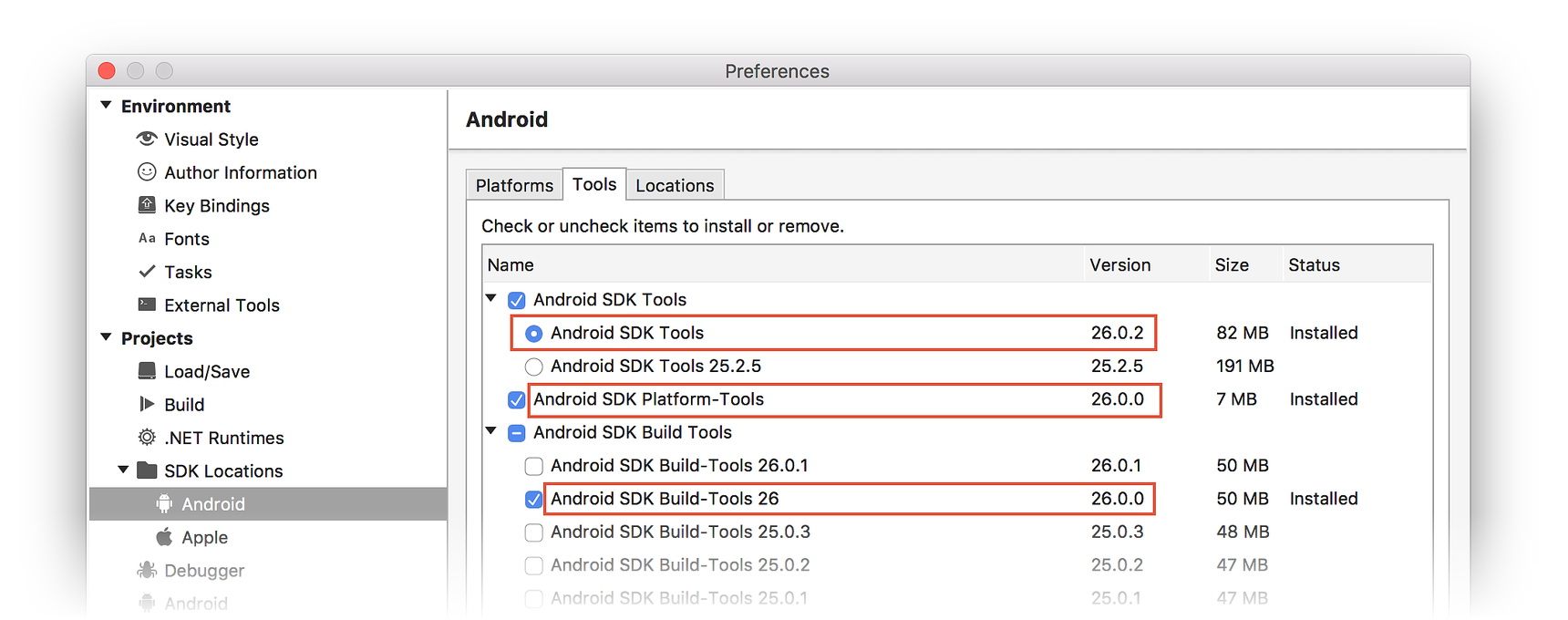 Selecting Android SDK Tools 26 in the SDK Manager