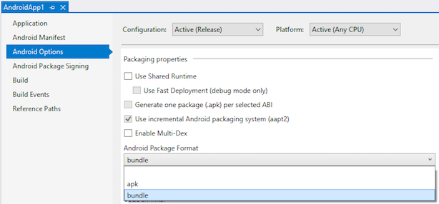 Visual Studio project property pages with bundle Android Package Format selected