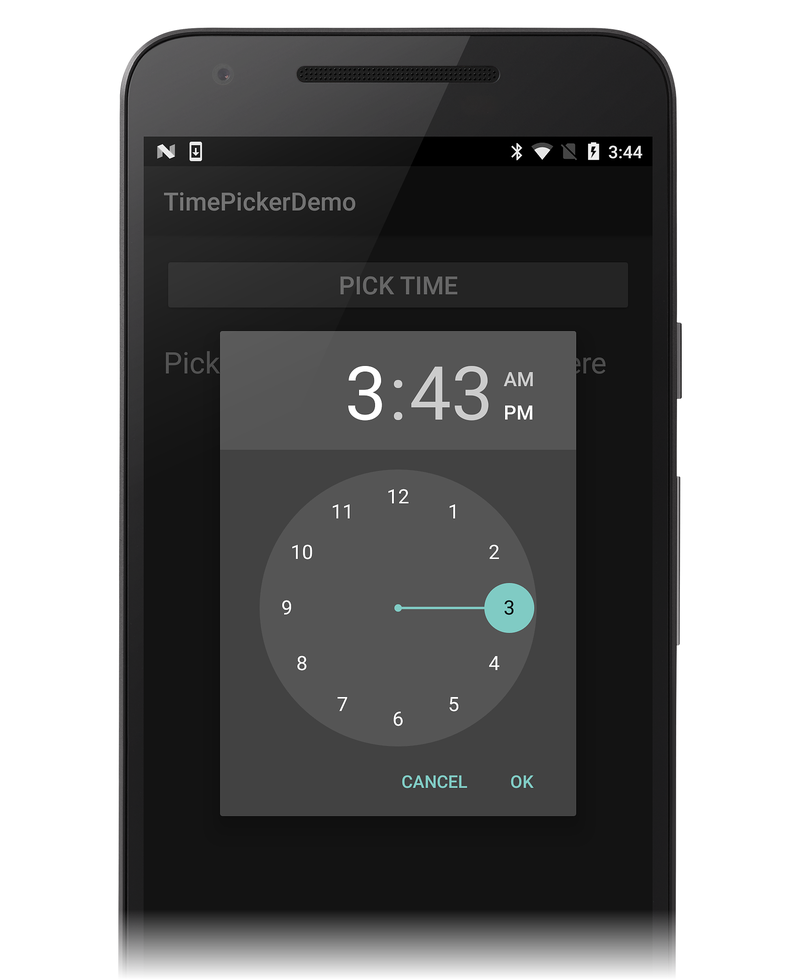 Screenshot of default Time Picker dialog displayed by the app