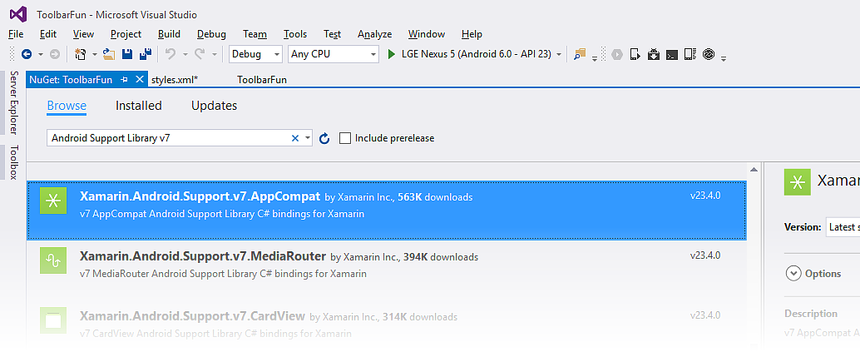 Screenshot of V7 Appcompat package selected in Manage NuGet packages