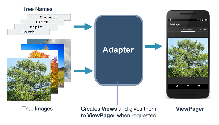 Diagram illustrating how the Adapter connects images and names to the ViewPager