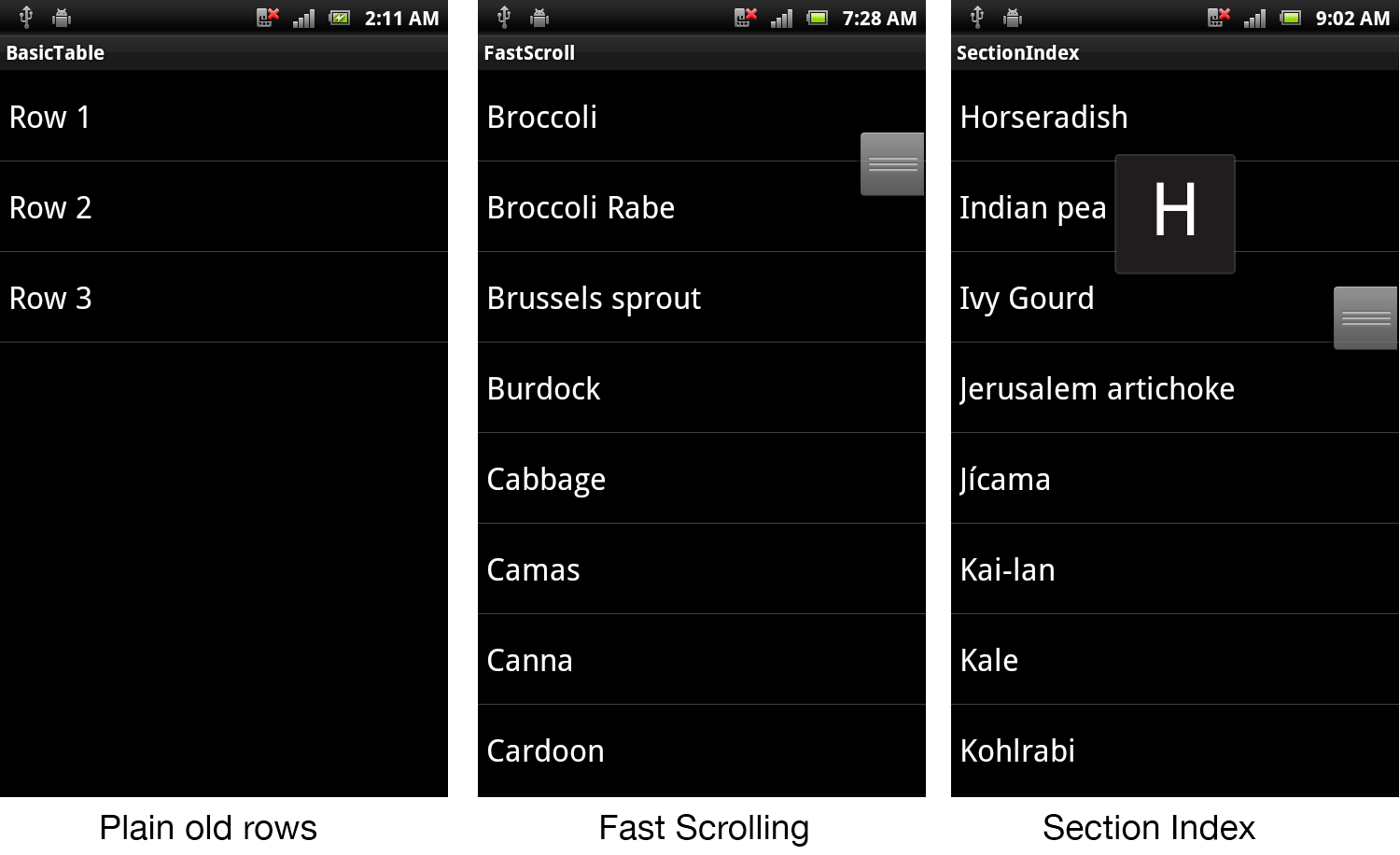 Screenshots of apps using Plain old rows, fast scrolling, and section index