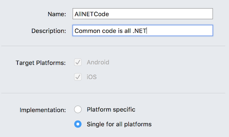 Screenshot shows values entered for Name, Description, and Implementation.
