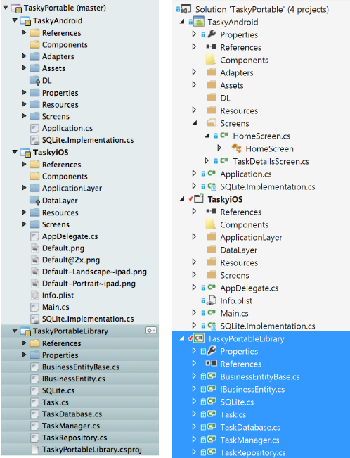 The solution structure is shown here in Visual Studio for Mac and Visual Studio respectively