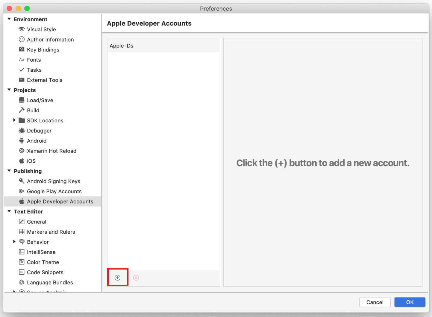 AScreenshot of Apple developer accounts page in Visual Studio for Mac preferences.