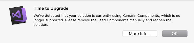 Alert dialog explaining that a component has been found in your project and must be removed
