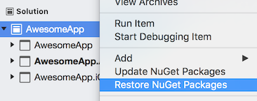 Screenshot shows Restore NuGet Packages selected from the context menu for the solution.