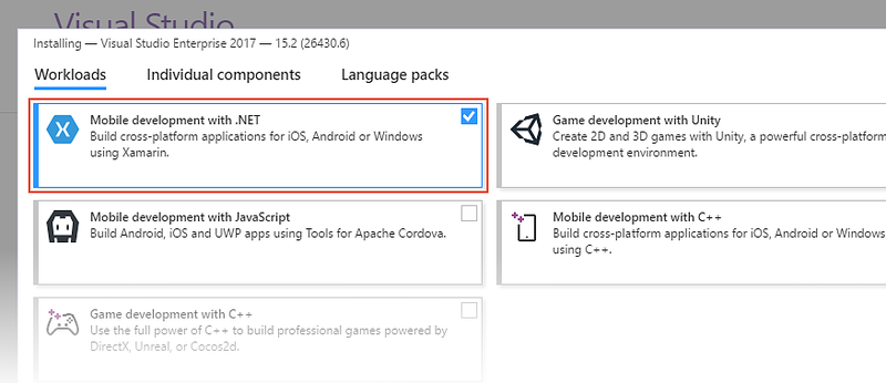 Mobile development with .NET selection on the Workloads screen