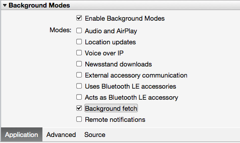 Edit the Info.plist and check the Enable Background Modes and Background Fetch check boxes