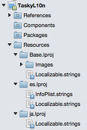Screenshot shows the resources tree for a sample including the location of localizable strings.