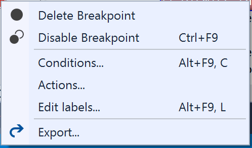 The breakpoint context menu