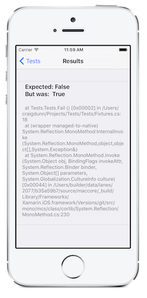 Screenshot shows a sample report, Test screen with test status.