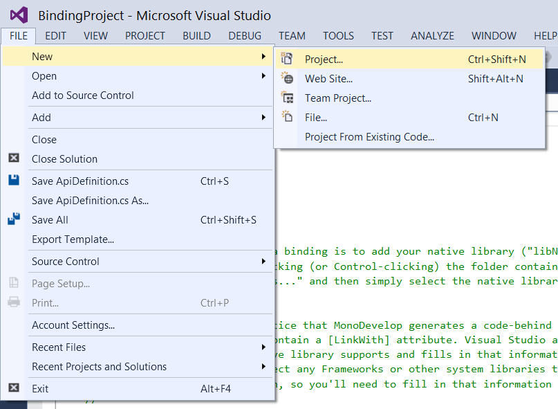 Screenshot shows Project selected from the New menu of the File menu in Visual Studio.