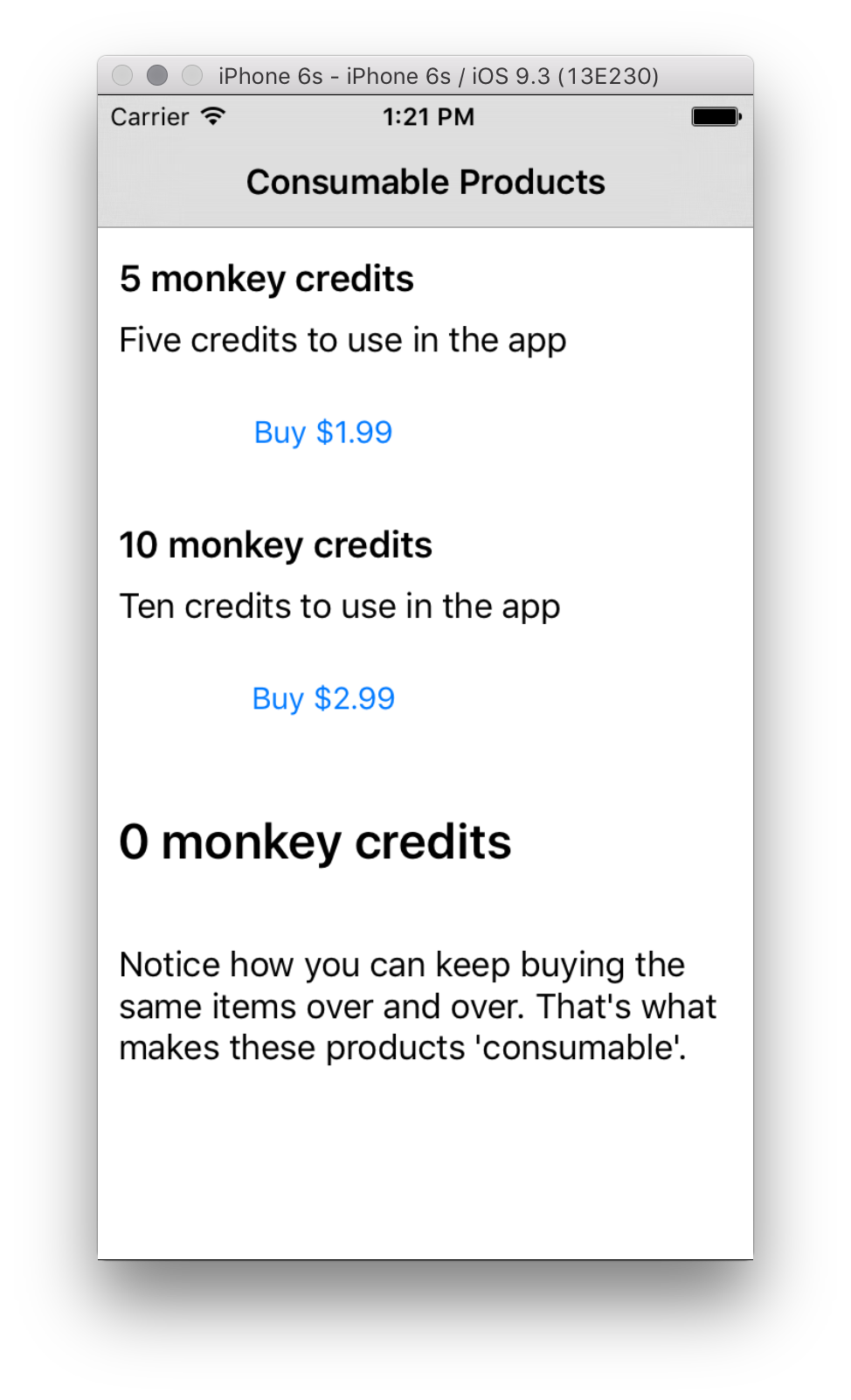 The main screen displays information products  retrieved from the App Store