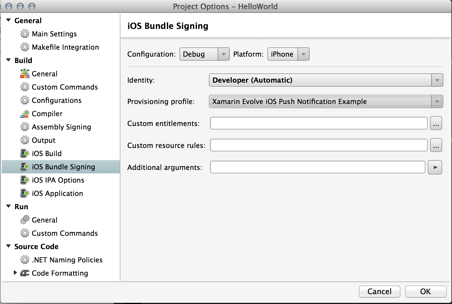 Configure the Xamarin.iOS project to use this newly created provisioning profile