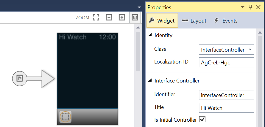 Set the Identifier and Title of the Interface Controller to interfaceController and Hi Watch