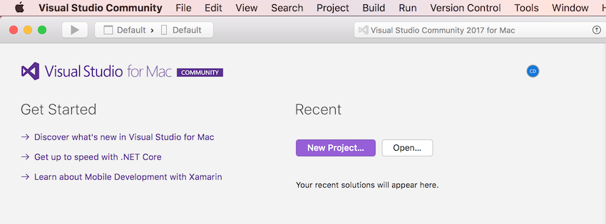 The main Visual Studio for Mac interface