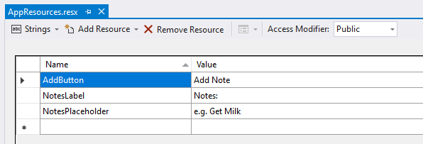 Specify default text resources in a .resx file