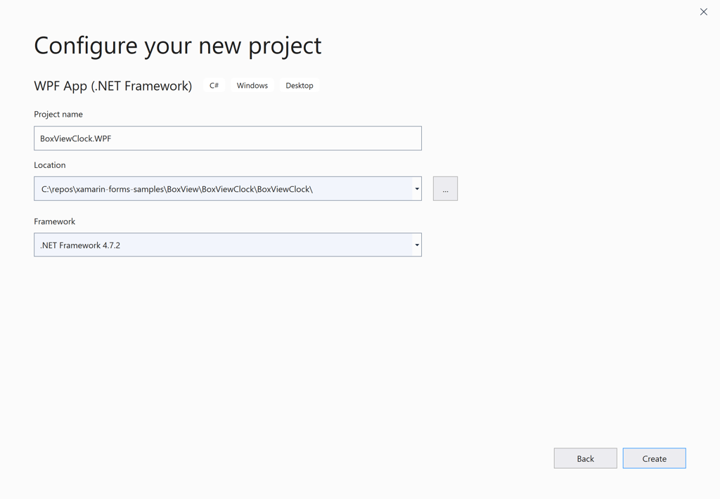 Screenshot shows the Configure you new project dialog box with values for Project name, Location, and Framework.