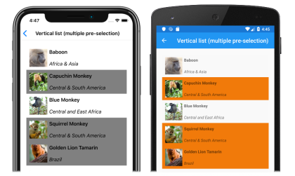 Screenshot of a CollectionView vertical list with multiple pre-selection, on iOS and Android