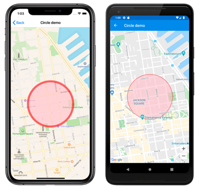 "Screenshot of a map circle, on iOS and Android"