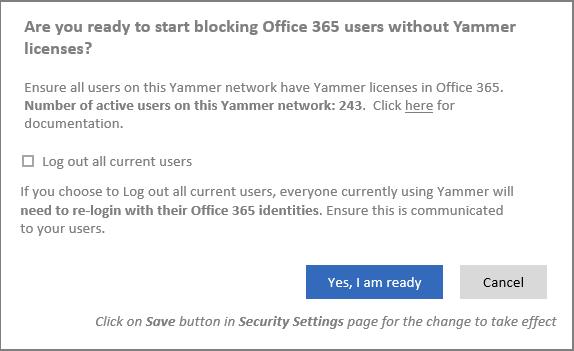 Screenshot of confirmation dialog box to start blocking users without Yammer licenses.