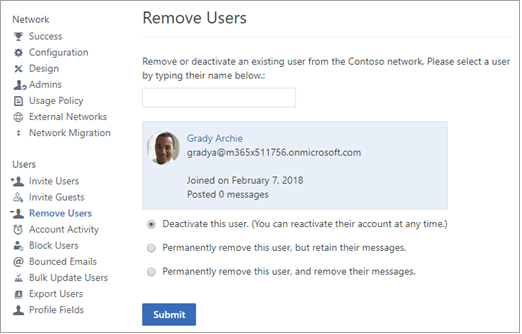Screenshot showing how to deactivate a user in Yammer.