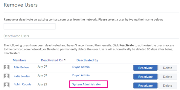 Screenshot that shows a user removed by System Administrator.