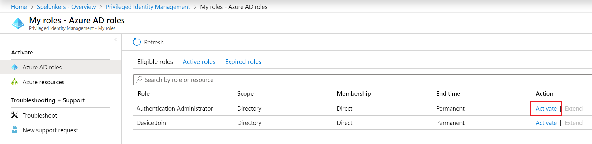 Screenshot showing Microsoft Entra eligible roles.