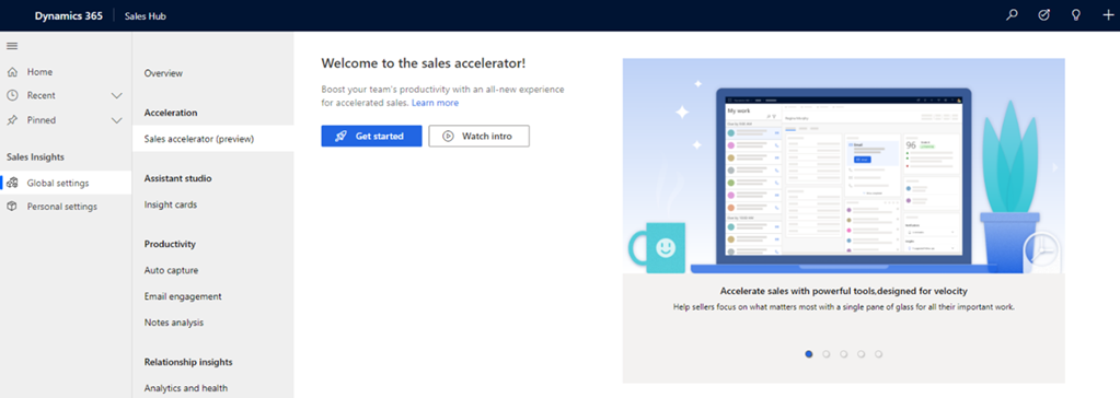 Screenshot of sales accelerator first-run setup page.