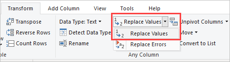 Screenshot shows a column highlighted with Replace Values selected in the ribbon.