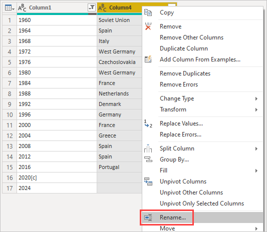 Screenshot shows the Rename option selected from the context menu for a column.
