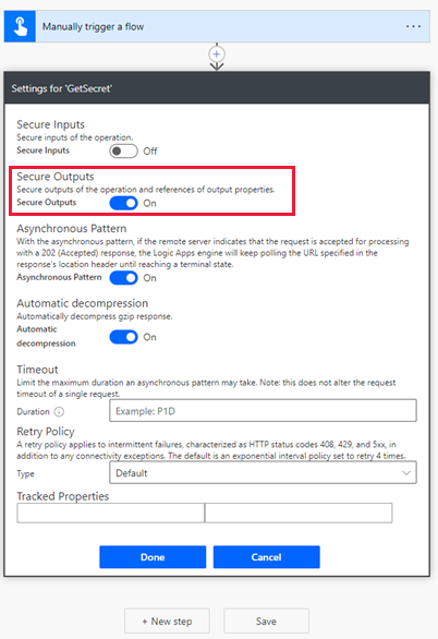 Enable secure outputs setting for the action