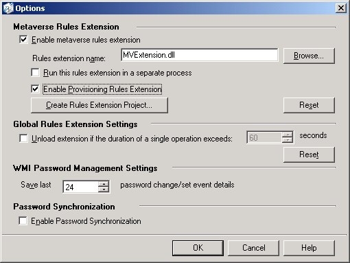 Options dialog box in MIIS 2003