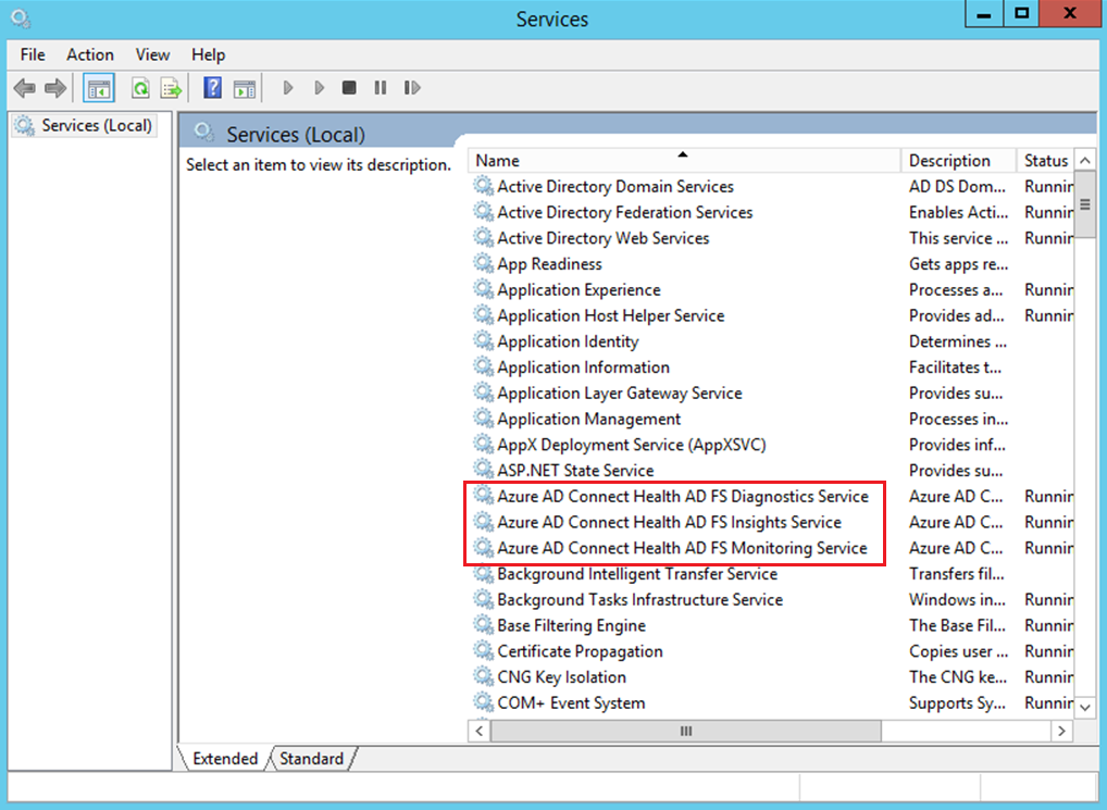Captura de pantalla que muestra Microsoft Entra Connect Health en ejecución para los servicios de sincronización en el servidor.