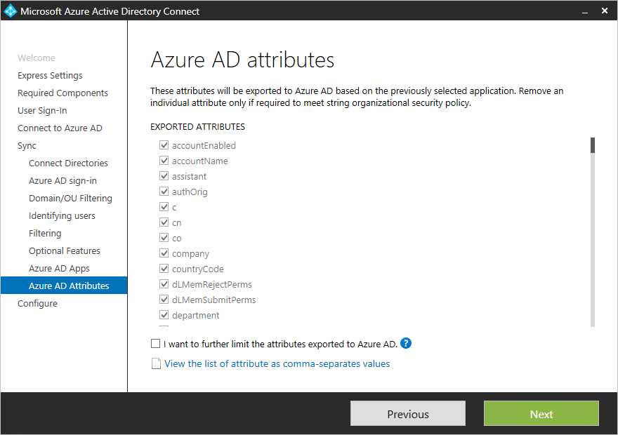 Screenshot showing optional Azure A D attributes features.