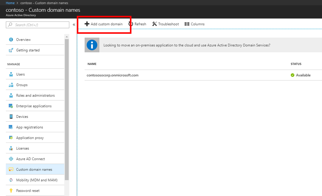Captura de pantalla que muestra el botón Agregar dominio personalizado resaltado.