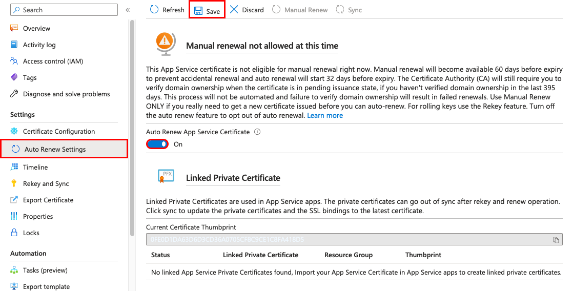 Captura de pantalla de la configuración de renovación automática para el certificado especificado.