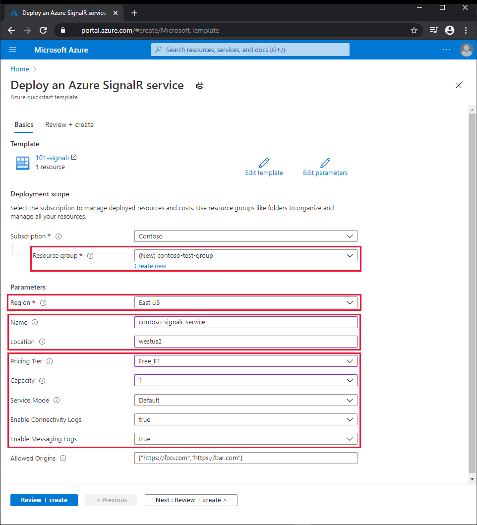 Screenshot of the ARM template for creating an Azure SignalR Service in the Azure portal.