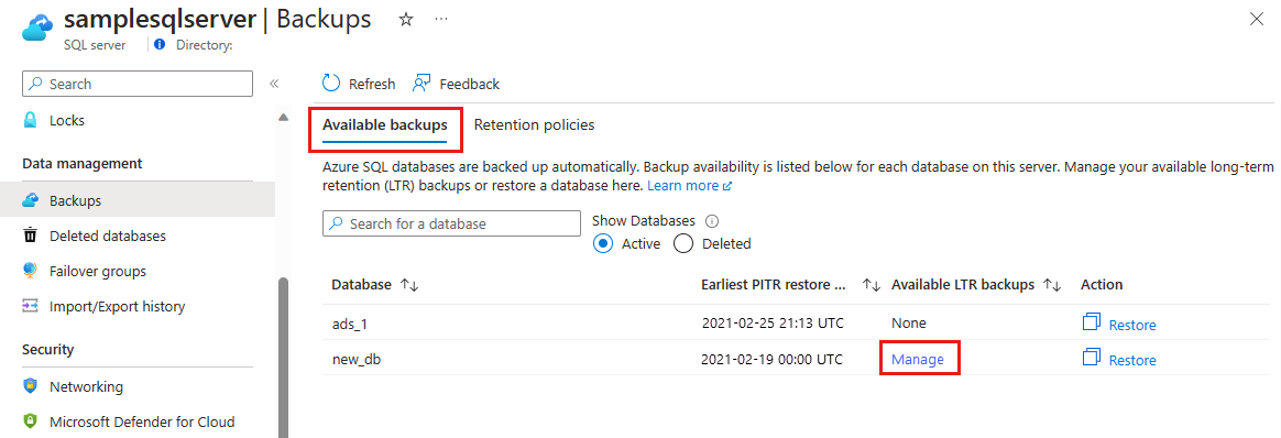 Captura de pantalla de Azure Portal que muestra las copias de seguridad de retención a largo plazo disponibles.