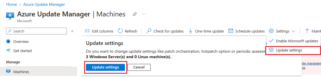 Captura de pantalla de la página del centro de Azure Update Manager con la configuración de actualización resaltada en Azure Portal. 