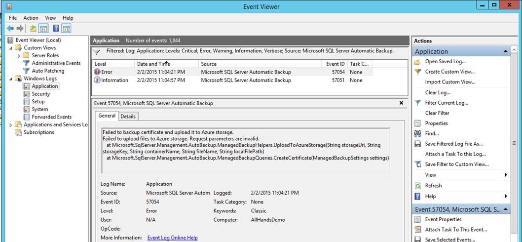 Captura de pantalla en la que se muestra el error en el registro de eventos en la VM.