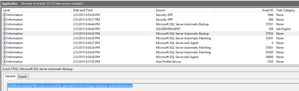 Captura de pantalla de la copia de seguridad correcta del certificado de cifrado en los registros de eventos.