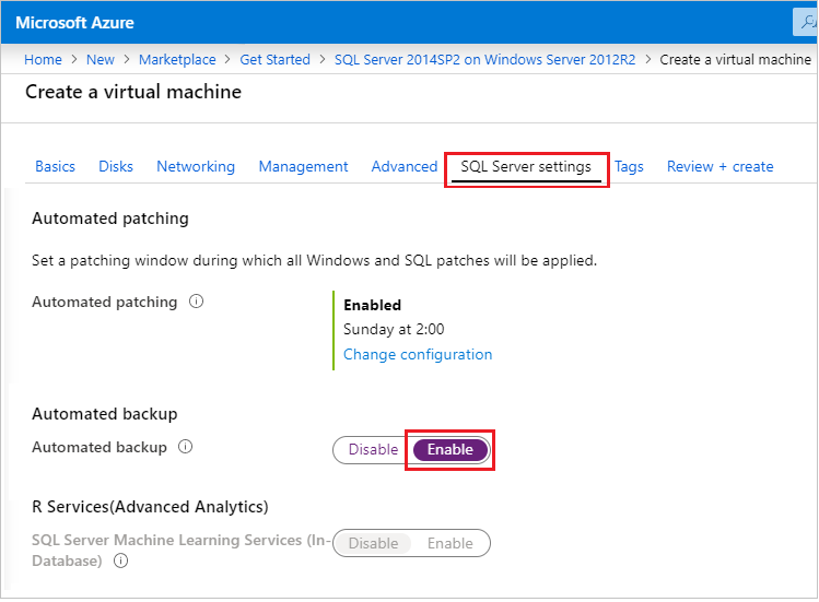 Captura de pantalla de la configuración de Automated Backup de SQL en Azure Portal.