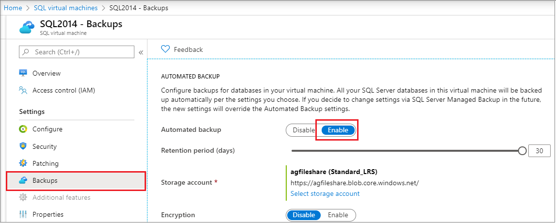 Captura de pantalla de Automated Backup de SQL para VM existentes.