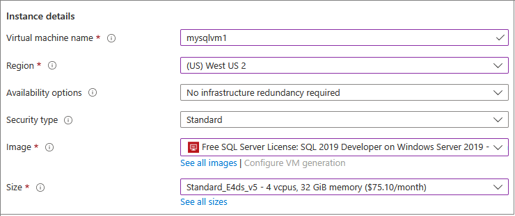Screenshot from the Azure portal of instance details for a new SQL VM.