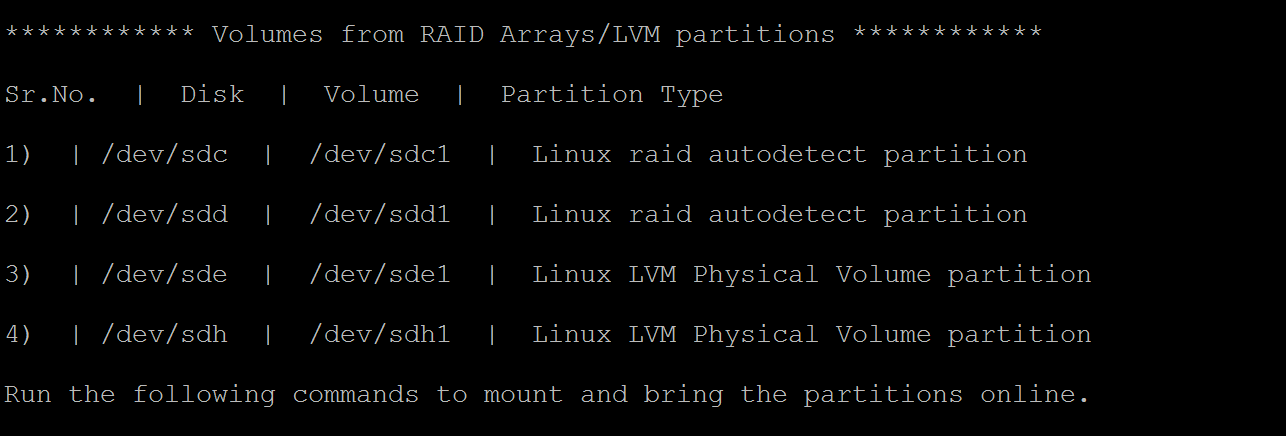 Menú de salida de LVM en Linux